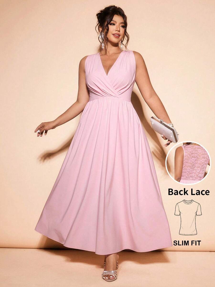 Cravure Vestido elegante y de moda con cuello en V, cintura recogida y corte evasé, con aplicaciones de encaje, sin mangas, adecuado para primavera y verano, tallas grandes - Rosa - Ver 1