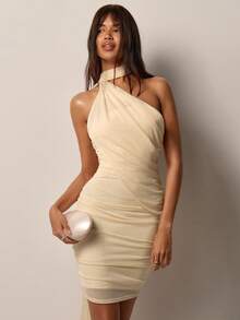 COSMINA Vestido elegante de mujer con malla, drapeado asimétrico y cuello halter fluido, versátil para ir al trabajo, la oficina, salir, citas, la playa, primavera - Beis - Ver 3