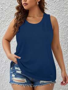 EMERY ROSE Plus Size Summer Casual Simple Solid Color Tank Top - Navy Blue - View 1