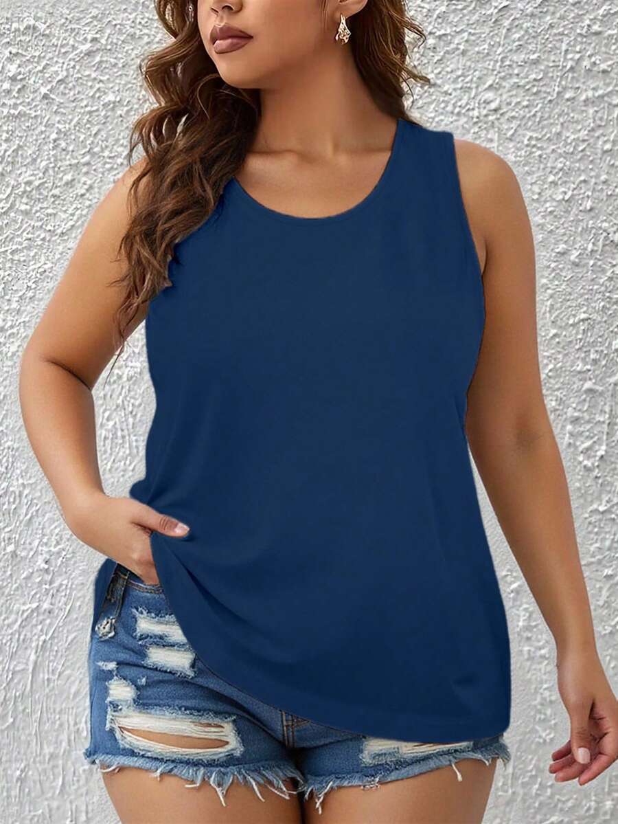 EMERY ROSE Plus Size Summer Casual Simple Solid Color Tank Top - Navy Blue - View 1
