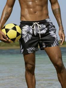 Manfinity Swimmode 男士休闲海滩度假印花抽绳宽松沙滩短裤 - 黑色 - 查看 1