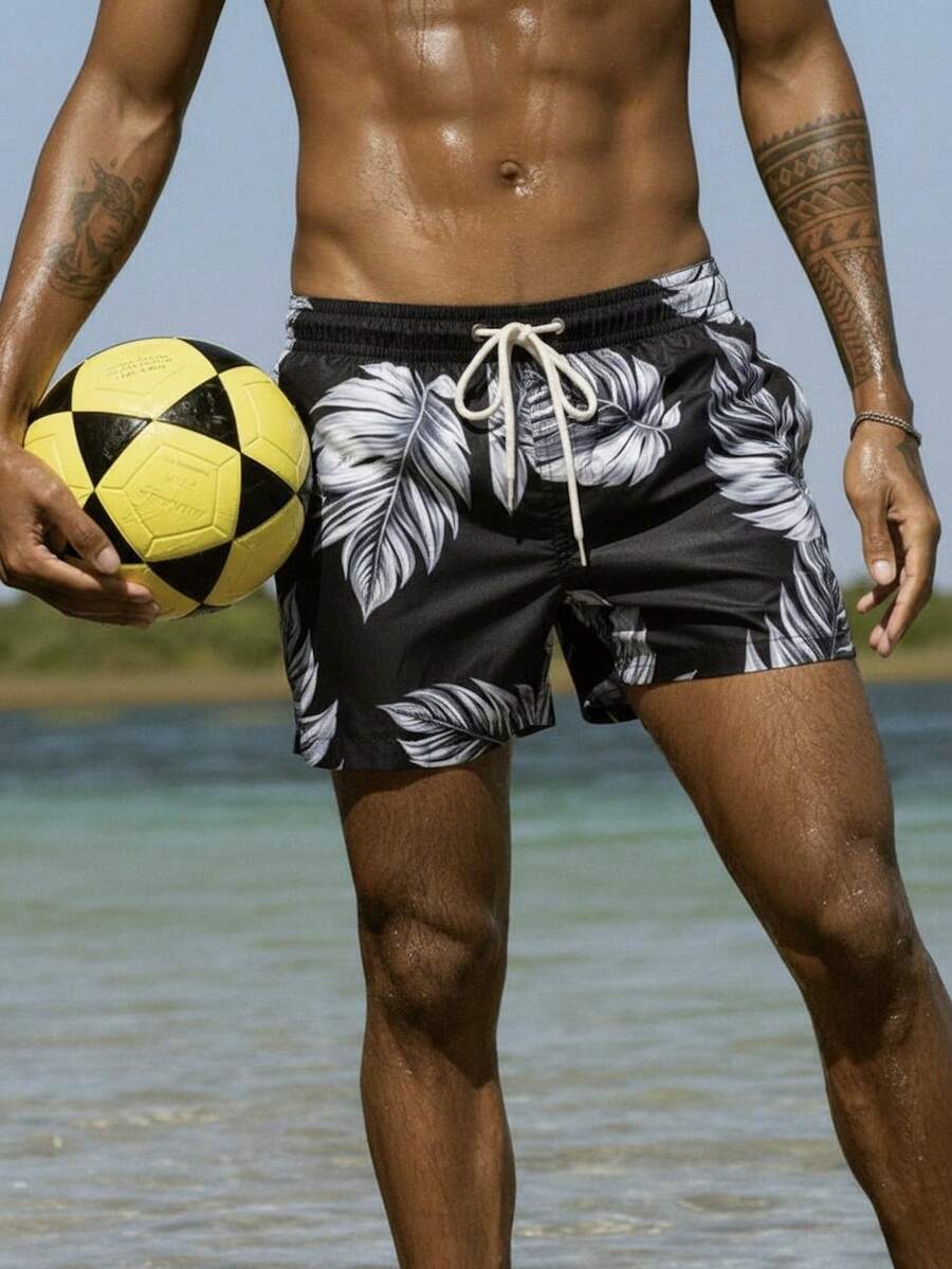 Manfinity Swimmode 男士休闲海滩度假印花抽绳宽松沙滩短裤 - 黑色 - 查看 1