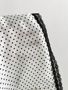 Elamini 复古甜美方领撞色蕾丝荷叶边波点泡泡袖修身衬衫，夏季 - 杏色 - 查看 2