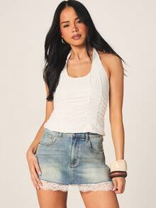 MISSGUIDED Áo kiểu không tay cổ yếm màu trắng có họa tiết, thắt dây phía sau, thời trang mùa hè. - trắng - Xem 2