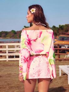 ROMWE Island Beauty Hibiscus Floral Print Asymmetric Shoulder Women Top - White - View 3