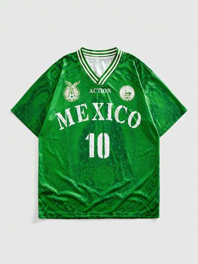 ROMWE MEN Street Life 2026 World Cup Mexico T-Shirt Jersey, Suitable For Casual Wear In Spring/Summer
