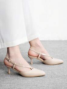 CUCCOO BIZCHIC Women's Shoes Square Toe Patent Leather Apricot Cross Strap Rear Strap Basic Commuting Wear Daily Thin Heel High Heel Shoes - Apricot - View 4