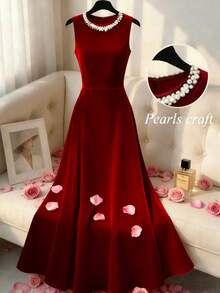 GlowEve CURVE 大码仿珍珠装饰优雅无袖圆领连衣裙 - 酒紅色 - 查看 1