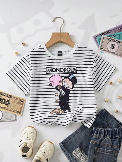 MONOPOLY X SHEIN Young Girl Striped Round Neck Cartoon Letter Print Casual Versatile Daily Wear Short Sleeve T-Shirt