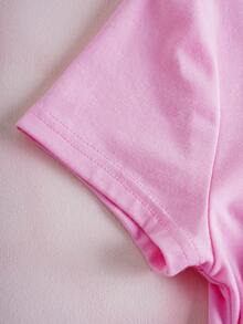 HELLO KITTY AND FRIENDS | SHEIN 少女可爱猫咪印花休闲圆领短袖T恤，附赠发圈 - 粉色 - 查看 5