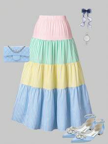 SHEIN 优雅之选：女童白色百褶编织裙，独特的纹理，精致的细节，飘逸的褶裥，展现甜美优雅，外出必备。 - 彩色 - 查看 2