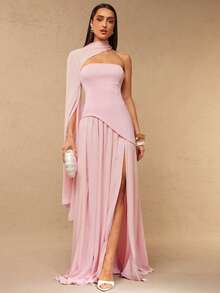 Silquee 女士优雅性感吊带镂空鸡尾酒礼服，露肩高开衩连衣裙，配纯色雪纺围巾 - 淺粉色 - 查看 3