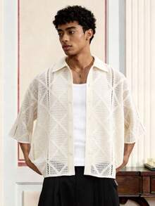 SWAVVY Top tricoté à manches courtes, motif diamant de couleur unie, décontracté, pour l'été - Beige - Voir 3