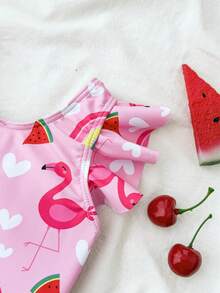 SHEIN Young Girl Backless Bow Decor Ruffle Short Sleeve One-Piece Swimsuit,Kids - Pink - View 3