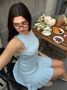 MainGRL Coquette Light Blue Ribbed Knit Sleeveless Dress, Faux Pearl Detail Ruffle Hem Design, Perfect For Brunch, Date Night & Casual Outings, Viral Coquette 2026 Spring/Summer - Baby Blue - View 5