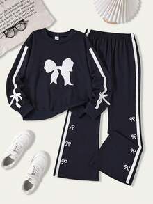 Casuvi Kids 2pcs Tween Girls Bow Decor Crew Neck Long Sleeve Sweatshirt And Flare Pants Set - Royal Blue - View 1