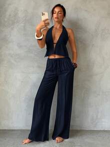 Aloruh Bộ đồ nữ mùa xuân/hè mới màu mơ, gồm áo khoác không tay cổ yếm buộc dây và quần ống rộng đính hạt, thích hợp mặc đi biển/nghỉ dưỡng/thường ngày. - Màu xanh hải quân - Xem 7