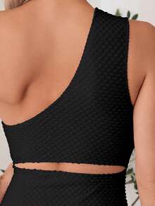 SHEIN Swim 女士纯色连体扭结褶皱泳衣，适合海滩度假、泳池派对、沙滩派对单肩镂空连体泳衣、连体泳衣、镂空连体泳衣、女士泳装、女士泳衣连体衣 - 黑色 - 查看 4