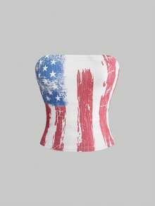 ROMWE Grunge Punk Y2K Music Festival National Flag Print Cropped Tube Top - White - View 1