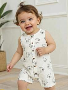 Cozy Pixies 男婴卡通椰子树图案圆领无袖连体短裤，休闲百搭 - 彩色 - 查看 1