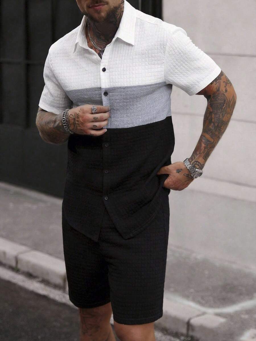 Manfinity CasualCool Bộ đồ nam thường ngày gồm áo sơ mi ngắn tay cài cúc phía trước và quần short, phối màu tương phản. - Nhiều màu - Xem 1