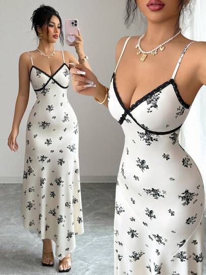 Rafferiza Women's Elegant Sexy Ditsy Floral Criss-Cross Color Block Spaghetti Strap Asymmetrical Hem Mid-Length Dress, Suitable For Spring/Summer Outings And Dates