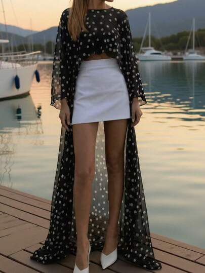 Bonvoyette Swim Vcay New Women's Spring/Summer Beach Vacation Black Base White Polka Dot Mesh Cover-Up