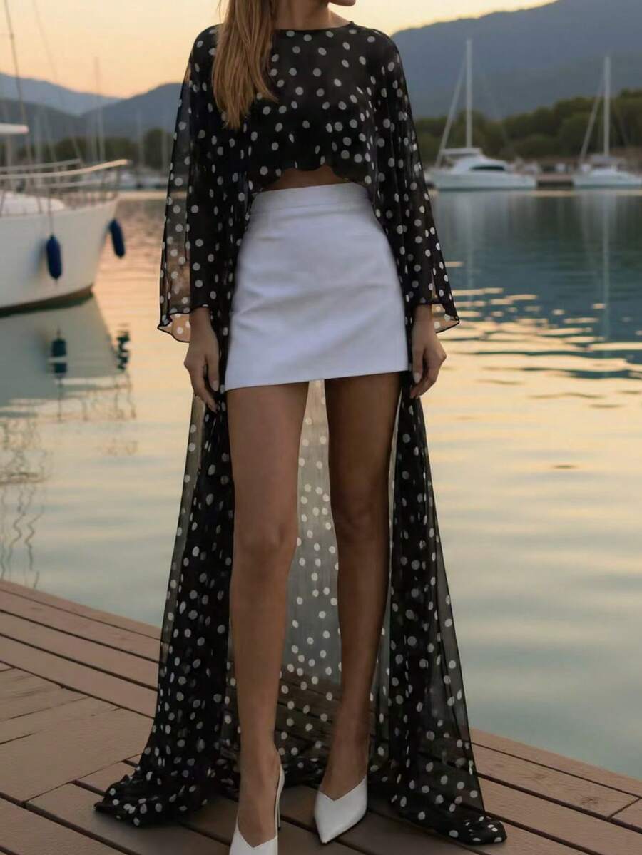 Bonvoyette Swim Vcay New Women's Spring/Summer Beach Vacation Black Base White Polka Dot Mesh Cover-Up - Multicolor - View 1