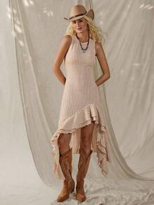 Wildy 休闲美式乡村音乐节复古纹理女式春夏基础款无袖不对称下摆中长连衣裙，适合日常穿着和通勤。 - 卡其色 - 查看 10