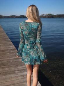 Sydney Algeri Y2K Women Boho Vintage Paisley Print Teal Printed Casual Long Sleeve V-Neck Cinched Waist Women Mini Dress - Multicolor - View 2