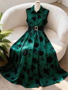 GlowEve Damen Mode Pendler Elegant Täglich Lässig Knopf Taille Gürtel Metall Schnalle Revers Weste Grün Schwarz Blumen Elegant Blumen Urlaub Party Maxikleid, Frühling/Sommer Weste Maxikleid - Verschiedenfarbig - Übersicht 8