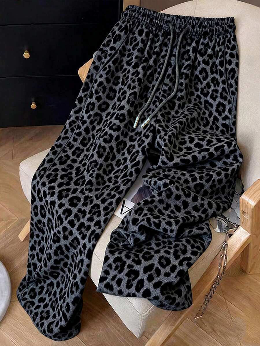 Resyla Pantalones de chándal con estampado de leopardo, moda callejera retro estadounidense Y2K para mujeres - Gris - Ver 1