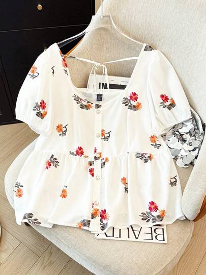 GlowEve CURVE Women's Elegant Casual Vacation Floral Print Short Sleeve Blouse