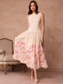 Enchnt Đầm nữ thanh lịch cổ thuyền cài cúc, in hoa, không tay. - Màu be - Xem 5