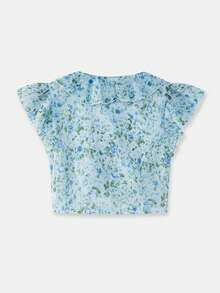 lacRébo Blusa de gasa con estampado floral azul vintage, de manga corta con cuello de volantes, para primavera y verano - Azul - Ver 7