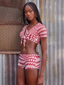 NYA SZN Swimwear 2 Pieces Boyshort Tie Front Polka Dot Printed Short Sleeve Versatile Y2k Memorial Day Mothers Day Picnic Brunch Festival Casual Sexy Cool Girl Everyday Going Out Party Special Occasion Travel Vacation Office Siren Western Country Date Night Elegant Luxury Business Casual Event Wedding Formal Brunch Office Street Style Spring Summer Statement Kings Day Bridal Shower Outfits For Women - Red and White - View 5
