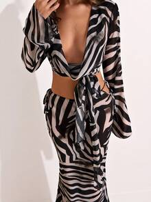 SHEIN BAE 女士斑马纹度假两件套，性感半透明度假两件套 女士两件套 斑马纹 - 黑與白 - 查看 7