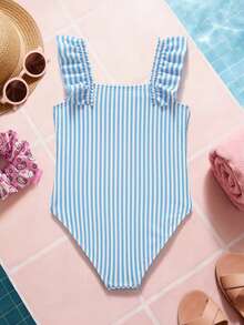 HELLO KITTY AND FRIENDS | SHEIN 女童条纹卡通图案方领连体泳衣 - 藍色 - 查看 2