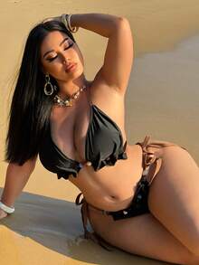 Swim SXY Plus Size Women's Sexy Bikini Set, Black Color With Pearl Beads And Ruffle Trim, Halter Neck Adjustable Tie, Suitable For Beach, Party And Vacation Bikinis Set For Women Bikinu Bikini Swimsuit Set Women's Swimsuit 2 Pieces Bathing Suit For Women Set - Black - View 1