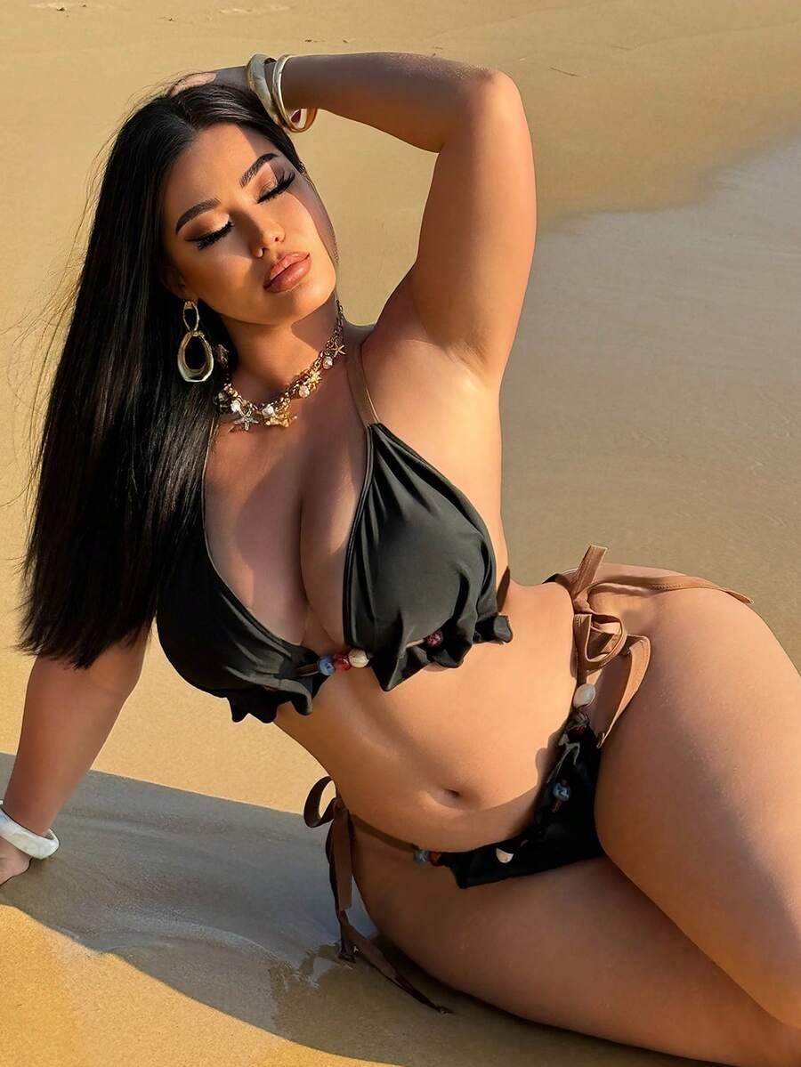 Swim SXY Plus Size Women's Sexy Bikini Set, Black Color With Pearl Beads And Ruffle Trim, Halter Neck Adjustable Tie, Suitable For Beach, Party And Vacation Bikinis Set For Women Bikinu Bikini Swimsuit Set Women's Swimsuit 2 Pieces Bathing Suit For Women Set - Black - View 1