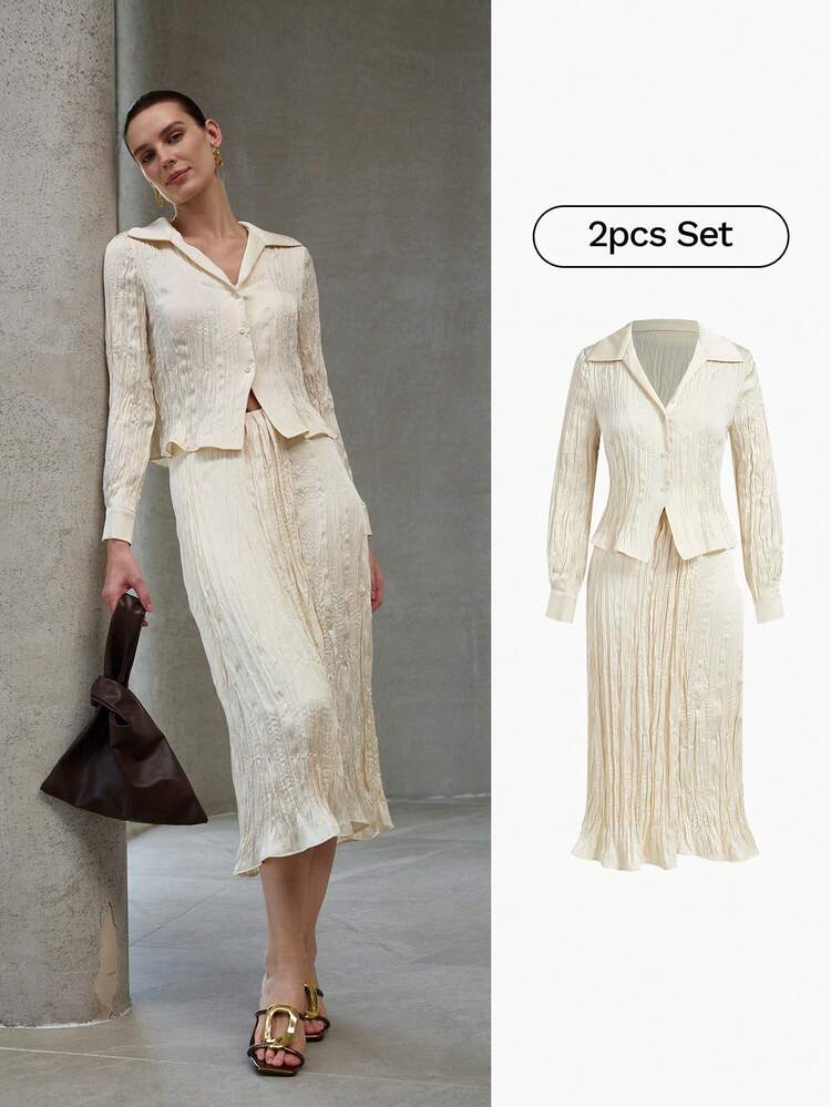 2PCS WOMEN'S PLISSE LONG SLEEVE SHIRT AND SKIRT SET, SPRING/SUMMER