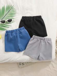 SHEIN Playful Pals 3条装男婴蓝色、灰色、黑色弹力腰休闲短裤，饰有英文字母贴布和假腰带，宽松复古简约风格，带口袋，适合夏季日常外出或运动。 - 彩色 - 查看 2