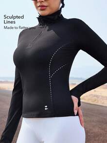 OutZeal 女士户外黑色T恤跑步健身服速干弹力修身长袖前半拉链运动上衣 - 黑色 - 查看 3