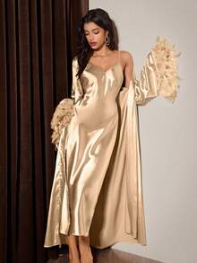 Elegant Women's Nightgown Set, Feather Detailed Soft & Flowing Feather Belt, 2pcs Loungewear & Robe Set,Wedding Bride And Bridesmaid Pajama Sets - Champagne - View 4