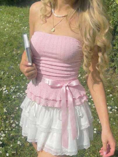 SHEIN MOD Women's Pink Bow Tie Bandeau Top, Spring/Summer Outfits, Carnival Costume, Holiday Outfits, Casual Top For Women, Everyday Wear, Pink Tops, Party Top, Elegant, Suitable For Commuting And Daily Wear, Slim Fit, Cute, Romantic, Chic, Birthday Wear, Tube Top, Going Out Top, Y2K Tops, Love Jacquard Top