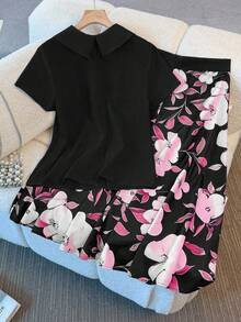 Franclia Women's Elegant Peter Pan Collar Short Sleeve Blouse & Printed Skirt 2 Pieces Set - Pink - View 2