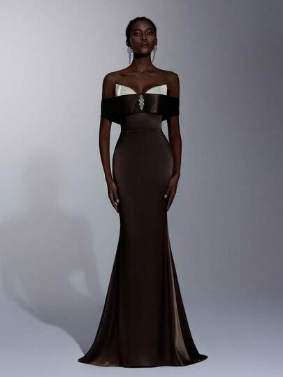 Elitara Elegant And Luxurious White And Coffee Color Handcrafted Diamond Decorated Off-Shoulder Mermaid Formal Evening Gown For Women