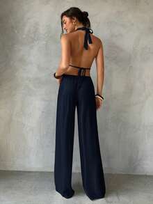 Aloruh Bộ đồ nữ mùa xuân/hè mới màu mơ, gồm áo khoác không tay cổ yếm buộc dây và quần ống rộng đính hạt, thích hợp mặc đi biển/nghỉ dưỡng/thường ngày. - Màu xanh hải quân - Xem 2