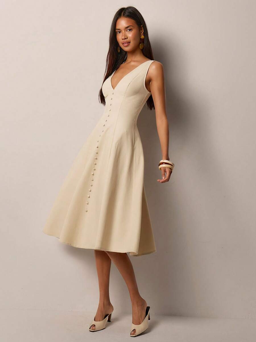 COSMINA Women's Elegant Sleeveless Deep V Buttoned Waist A-Line Mid-Length Dress, Versatile For Commuting, Office, Dating, Evening Party, All Season - Cream - View 1