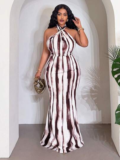 Veslaya 2026 Spring/Summer Plus Size Women's Music Festival, Easter, Birthday Party, Graduation, College Style, Student, Daily Wear, Casual, Vacation, Cruise Travel, Beach, Sunbathing, Trending, Streetwear, Wedding Guest, Commute, Brunch, Airport, Party, Holiday Outing, Elegant Gala, Ball, Casual, High-End Elegant Tie-Dye Print Backless Maxi Cocktail Dress